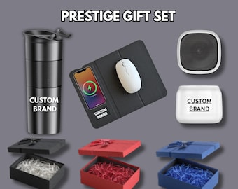 Custom Tech Gift Set | Wireless Charging Mousepad, Bluetooth Speaker & Engraved Thermos | Personalized Corporate Gifts for Clients,Employees