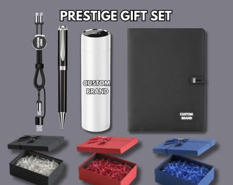Prestige Custom Gift Set | Smart Thermos, Charging Cable, Notebook, & Carbon Pen – Personalized Corporate Gift Box