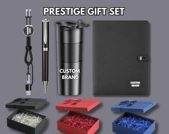 Custom Prestige Corporate Gift Set | Engraved Tumbler, Pen, Charging Cable & Notebook | Branded Gift Box
