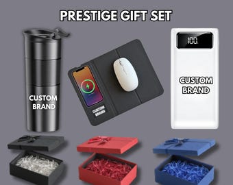 Custom Corporate Gift Set | Engraved Thermos, Wireless Charging Mousepad & Power Bank | Personalized Business Gift Box with Logo