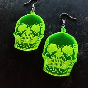 Skull earrings, acrylic jewelry, goth jewelry, fluorescent earrings