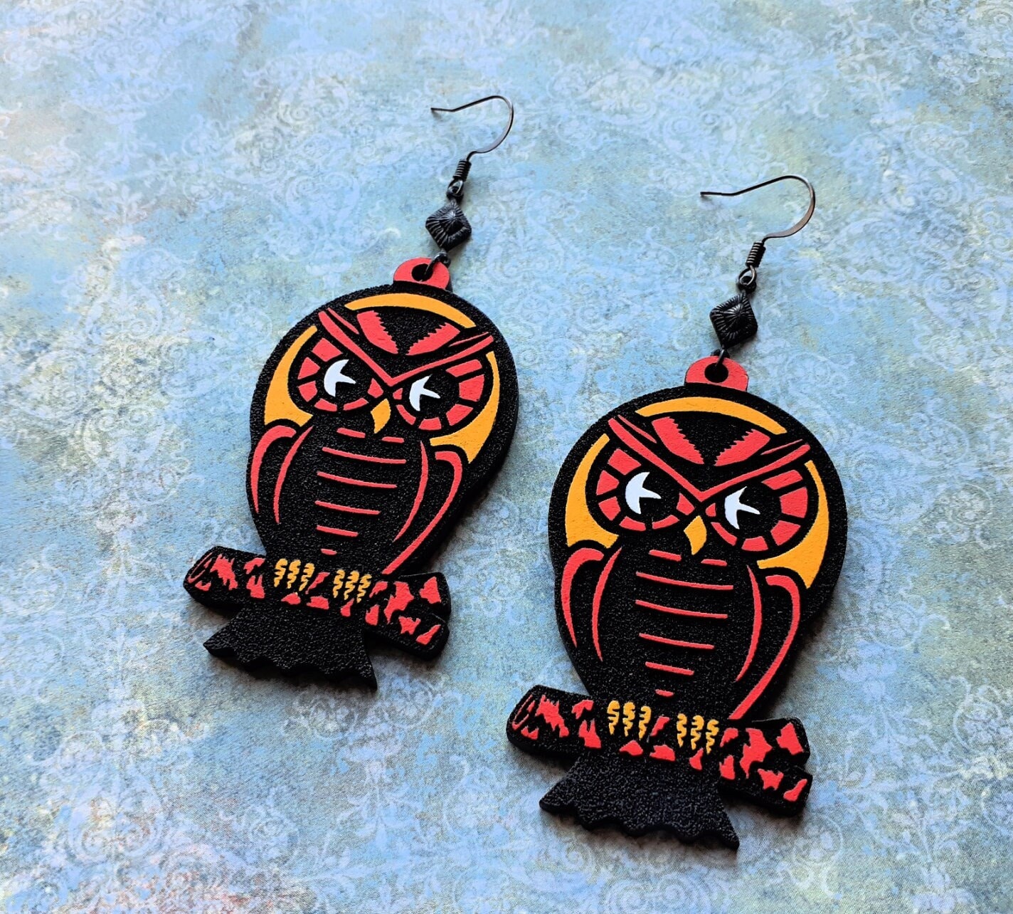 Vintage Halloween Owl Earrings: Hand-Painted Die Cut Jewelry