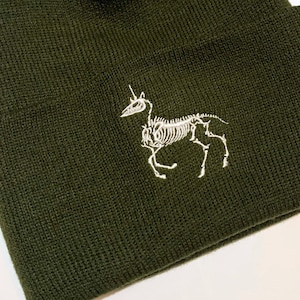 Embroidered Skeleton Unicorn Knit Beanie - olive Green or Black Alternative Goth Grunge Hat