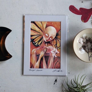 Monarch Lily Prayer Art: Signed Matted Print, Figurative Woman (5x7)