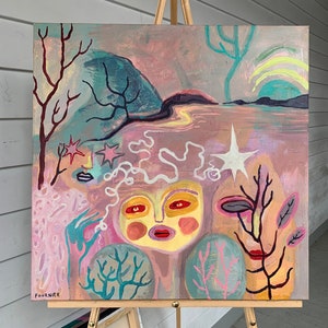 ORIGINAL PAINTING 24x 24 ART acrylic on canvas artwork abstract faces trees lake pond landscape stars textured expressionism pink pastels image 2