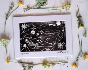 5" x 7" Black & White Signed Matted Print earth skeleton art painting botanicals flowers dark modern contemporary