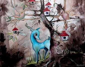 IMPRIMÉ MAT SIGNÉ 11x14 Woodland painting art Blue Deer, Songbirds, Birdhouses, Arbres, Forêt, fantaisie pour enfants nursery painting