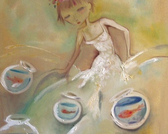 SIGNED MATTED PRINT 11x14 whimsical fishbowl bridal dress painting fashion art print princess wedding asian bride