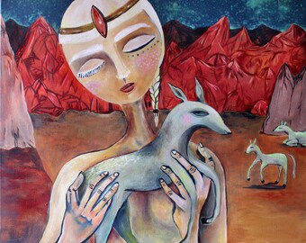 SIGNED PRINT 10x10 The Whisperer - horse painting desert landscape sqaure bold colorful whimsical figurative art by Jenna Fournier