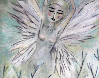Phoenix Angel Art Print: Signed Matted Whimsical Woman, Rabbit Ears (11x14)