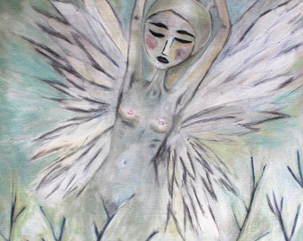 PRINT SIGNED MATTED 11x14 Phoenix angel painting art print feminine figurative whimsical woman girl winged rabbit creature