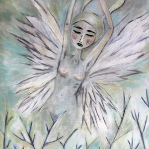 Phoenix Angel Art Print: Signed Matted Whimsical Woman, Rabbit Ears (11x14)