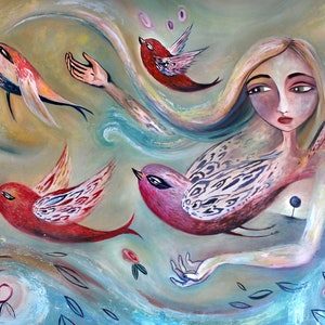 Signed Matted Print: Woman, Birds, Abstract Nature Art (11x14)