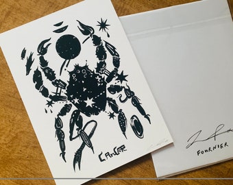 Cancer Zodiac Art Print 5x7 Black and White Original Illustration on Fine Art Rag Textured Paper Signed Crab Water Sign Tribal Cosmic Stars