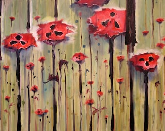 Poppy Field 11x14 Blumenbild impressionistische Blumenmalerei rote Mohnblumen signiert signiert