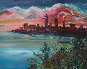 IMPRIMÉ MAT SIGNÉ 11x14 Cleveland Skyline Painting Art - Edition limitée - Paysage urbain moderne coloré Lac Érié Coucher de soleil Paysage Ohio