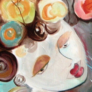 May include: A close-up of a painting of a woman's face with colorful circles around her head. The woman has brown eyes, a light pink nose, and red lips. The background is a dark brown color.