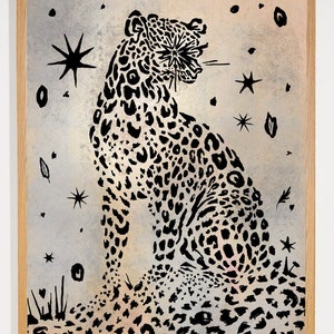 SIGNED MATTED PRINT 11x14 snow leopard art black and white textured vintage style drawing original illustration stars cheetah minimal line image 6