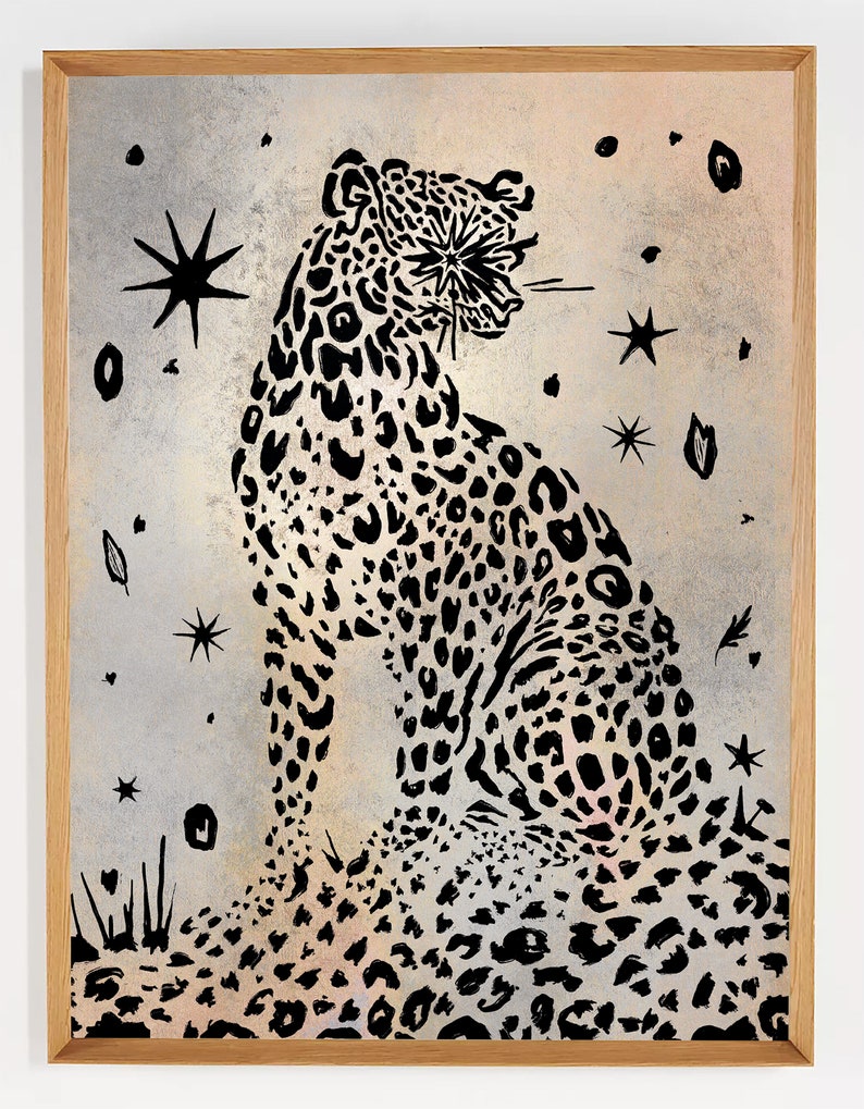 SIGNED MATTED PRINT 11x14 snow leopard art black and white textured vintage style drawing original illustration stars cheetah minimal line image 6