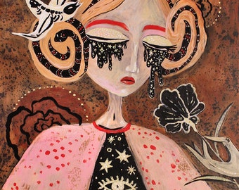 SIGNED MATTED PRINT 11x14 painting art feminine figurative whimsical stars tears eyes woman loss love bird snake modern