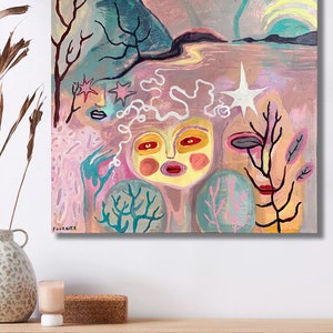 ORIGINAL PAINTING 24x 24 ART acrylic on canvas artwork abstract faces trees lake pond landscape stars textured expressionism pink pastels image 3