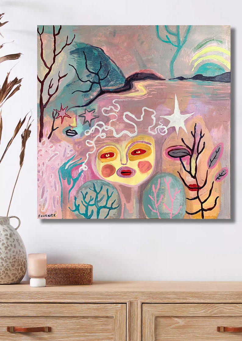 ORIGINAL PAINTING 24x 24 ART acrylic on canvas artwork abstract faces trees lake pond landscape stars textured expressionism pink pastels image 3