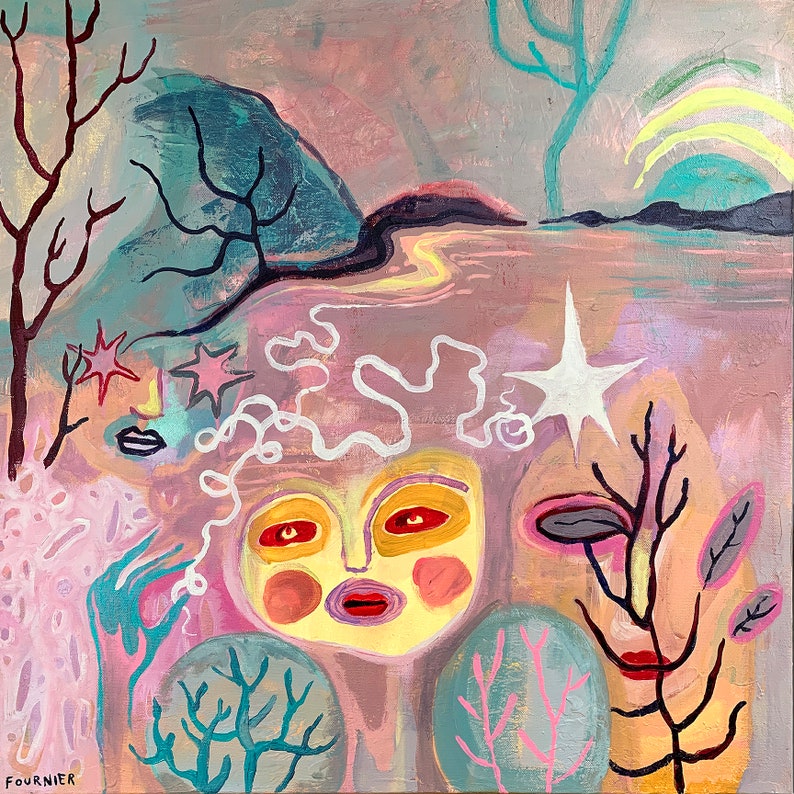 ORIGINAL PAINTING 24x 24 ART acrylic on canvas artwork abstract faces trees lake pond landscape stars textured expressionism pink pastels image 1