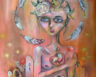 SIGNED MATTED PRINT 11x14 wolf bird girl painting art print figurative whimsical boho modern orange peach nude pink woman ethereal fantasy