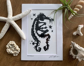 5" x 7" Signed Matted Print - Seadragon black and white blockprint cut-out seahorse skeletal sea pony dragon bones fossil stars ethereal