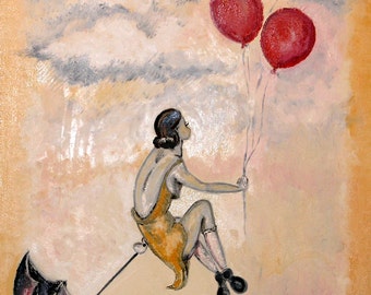 SIGNÉ MATTED PRINT 11x14 parapluie ballons rouges peinture figurative vintage flapper inspiré des années 1920 print art