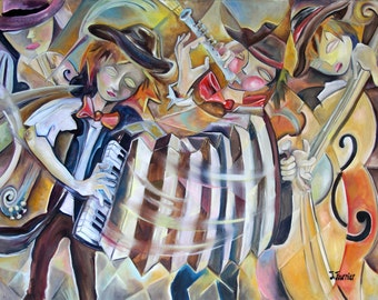 SIGNÉ MATTED PRINT 11x14 musique peinture art accordéon violoncelle violon street band musicien folk cubiste abstrait moderne flûte corde