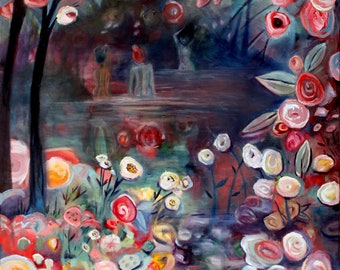 SIGNÉ MATTED PRINT 11x14 floral botanique fée lac paysage peinture art féminin nus féminins coloré fantaisiste fantaisie impressionniste