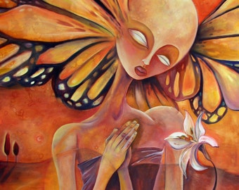 SIGNÉ TIRAGE MAT 11x14 Lily Prière peinture signé & emmêlé Monarch papillon Alien orange surréaliste fantastique art print lilly pureté