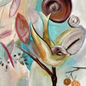 May include: Abstract painting with a bird-like shape in the center, with a brown swirl and a light blue background. The painting has a whimsical and colorful style.