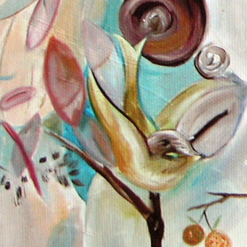 May include: Abstract painting with a bird-like shape in the center, with a brown swirl and a light blue background. The painting has a whimsical and colorful style.