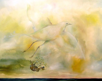 IMPRIMÉ MAT SIGNÉ 11x14 Surréaliste Flying Bird ciel océan paysage peinture transport Navire Sea Print dans des teintes naturelles terreuses