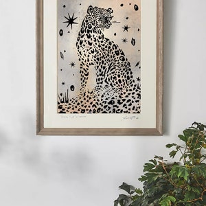 SIGNED MATTED PRINT 11x14 snow leopard art black and white textured vintage style drawing original illustration stars cheetah minimal line image 3