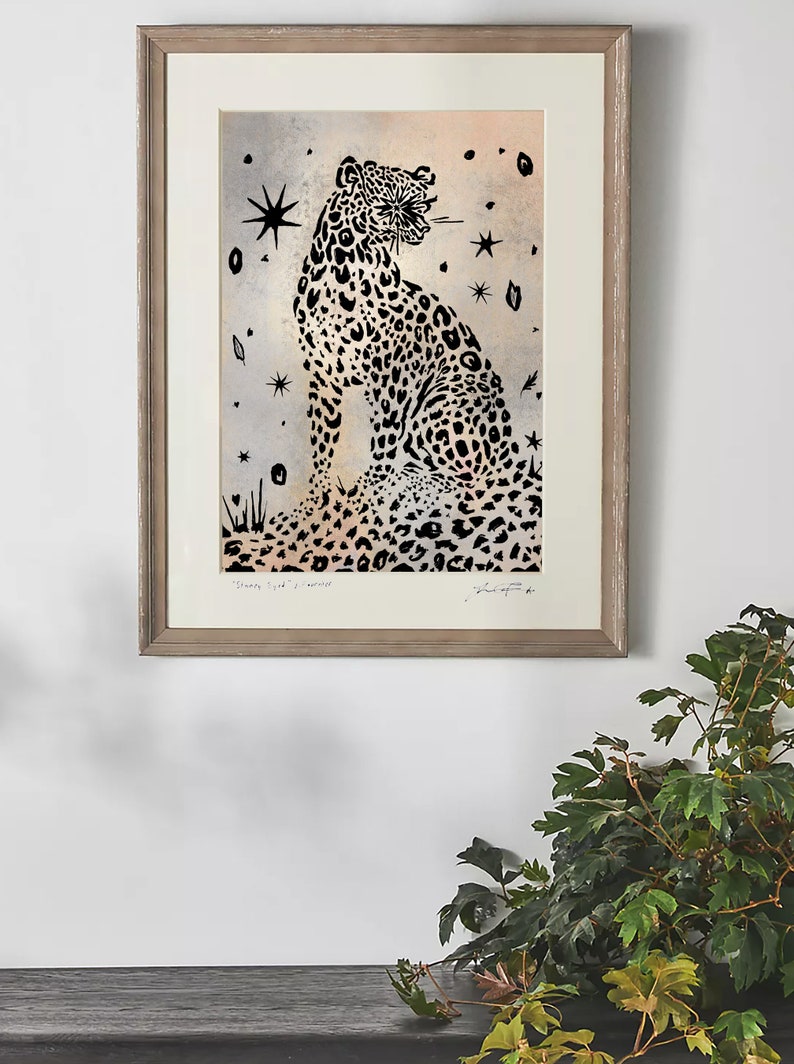 SIGNED MATTED PRINT 11x14 snow leopard art black and white textured vintage style drawing original illustration stars cheetah minimal line image 3