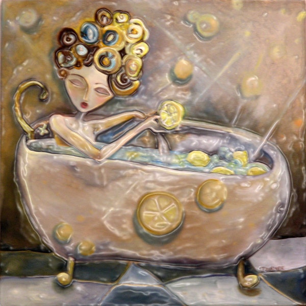 IMPRESSION SIGNÉE 10x10 Lemon Bath art painting by Jenna Fournier female figure bathroom bath lemons relax tranquil fantaisiste mignon unique