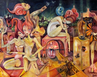 Signed Matted Art Print: Female Figurative Surreal Geometric Landscape (11x14)