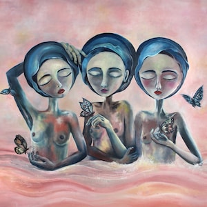 Three Graces: Signed Matted Art Print, Ethereal Figurative Painting (11x14)