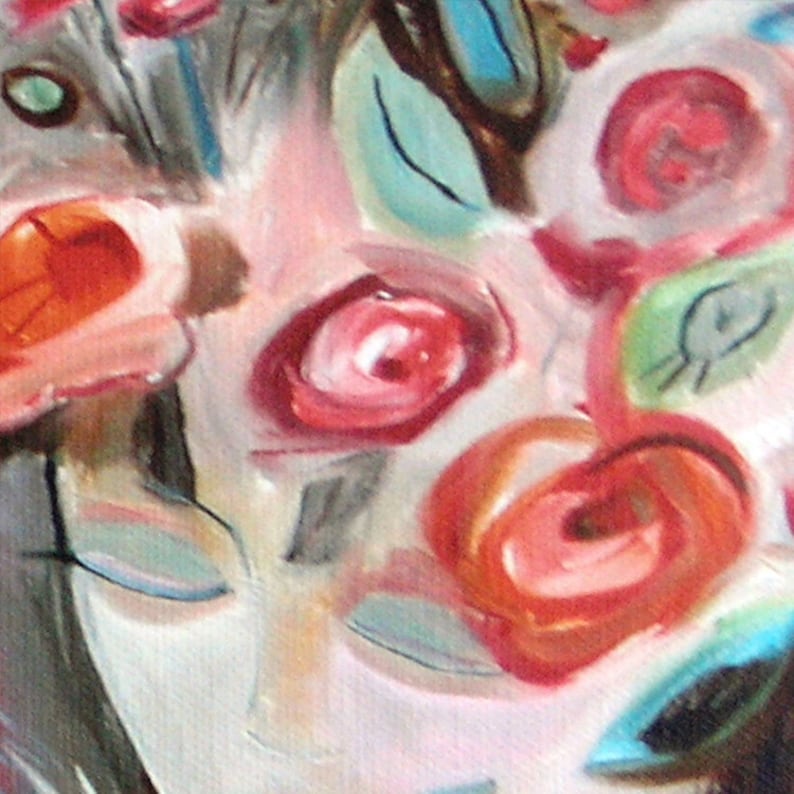 May include: Abstract painting with a stylized face and colorful flowers. The flowers are painted in shades of red, pink, and orange. The face is partially obscured by the flowers.