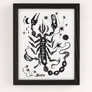 Scorpio Zodiac Art Print: Black and White Tribal Scorpion Illustration (5x7 or 8x10)