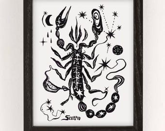 May include: Black and white illustration of a scorpion with stars and a crescent moon. The text "SCORPIO" is at the bottom of the image.