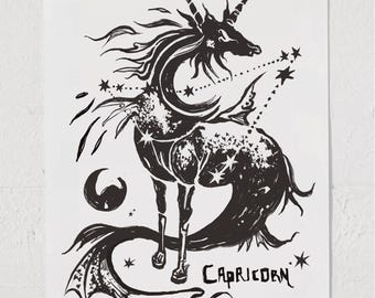Impresión artística del zodíaco Capricornio: Ilustración de una cabra unicornio en blanco y negro (5x7 o 8x10)