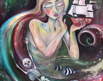 SIGNED MATTED PRINT 11x14 Siren painting boat ship skeleton ocean sea fish whimsical art - green oil print