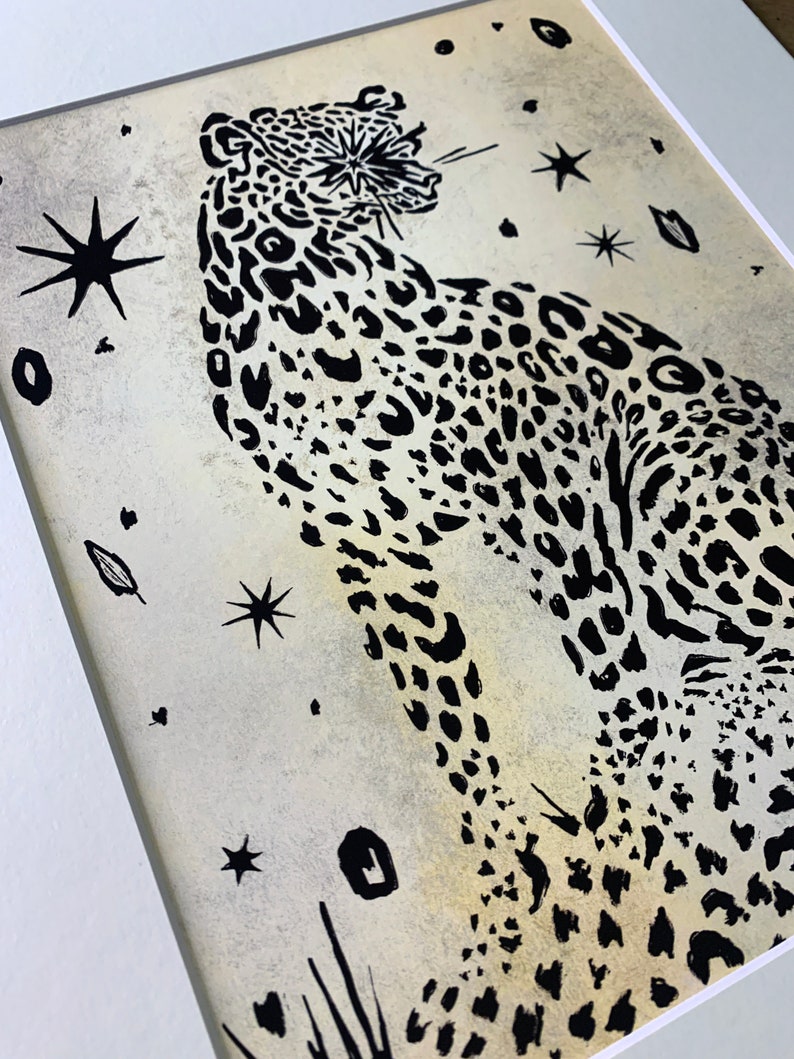 SIGNED MATTED PRINT 11x14 snow leopard art black and white textured vintage style drawing original illustration stars cheetah minimal line image 8