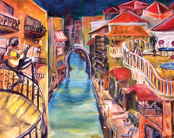 SIGNÉ MATTED PRINT 11x14 musique paysage urbain Venise Italie grand canal Peinture Art guitariste troubadours musicien ville abstrait