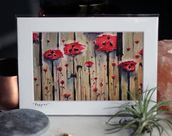 5" x 7" Signed Matted Print - Red Poppies Poppy Field wall art impressionistic floral painting flowers nature