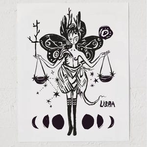 Libra Zodiac Art Print: Black and White Illustration (5x7 or 8x10)